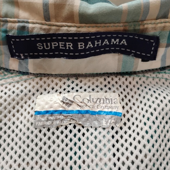 Columbia PFG Shirt Mens L Green Tan Plaid Super Bahama Omni Shade Long Sleeve - Picture 3 of 13